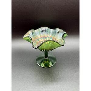 Fenton Compote Footed Stippled Rays Iridescent Green Carnival Glass Vintage Bowl